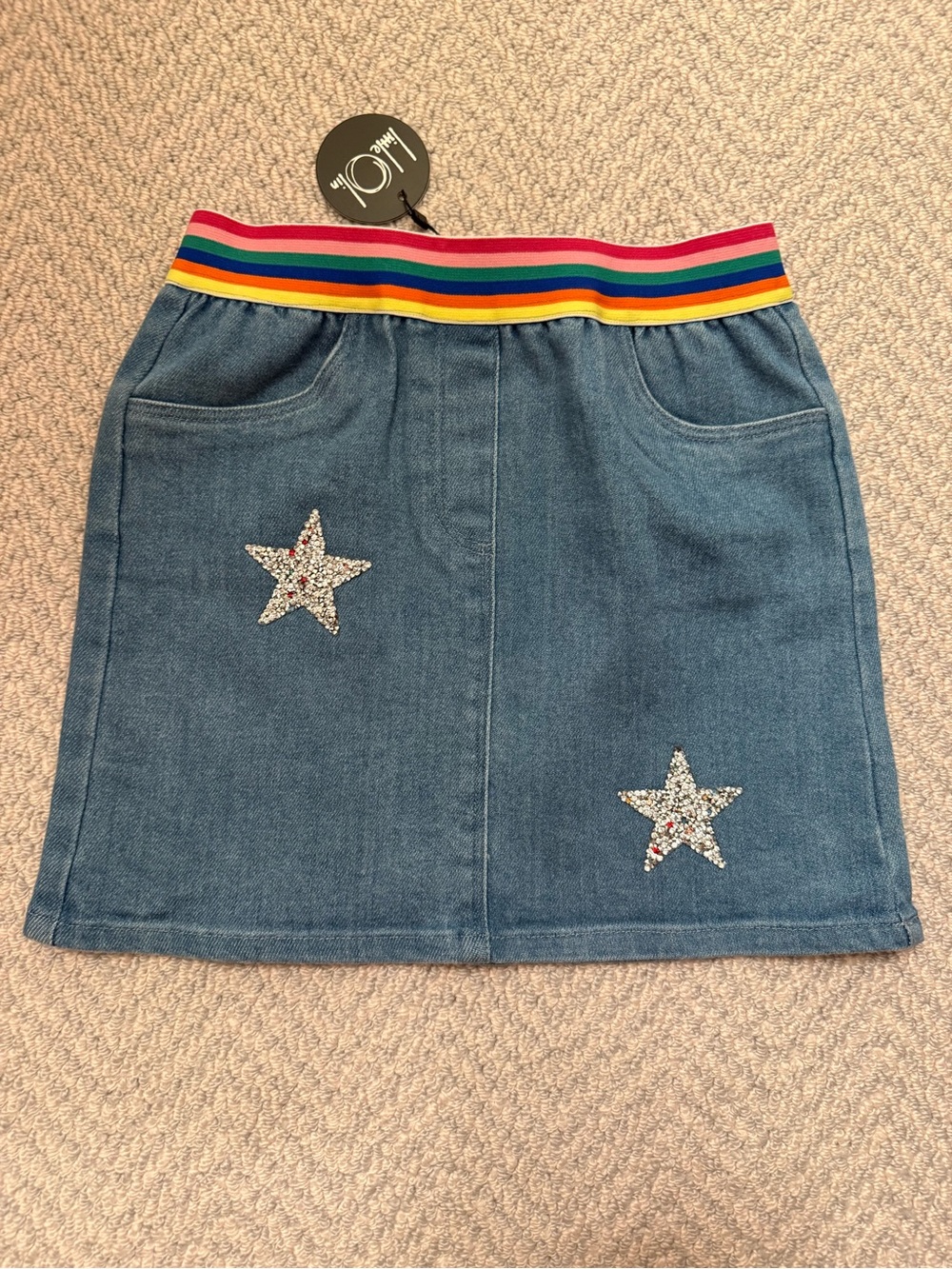 Girls' Blue Denim Skirt with Rainbow Waistband- size 14 NWT - Picture 2 of 6